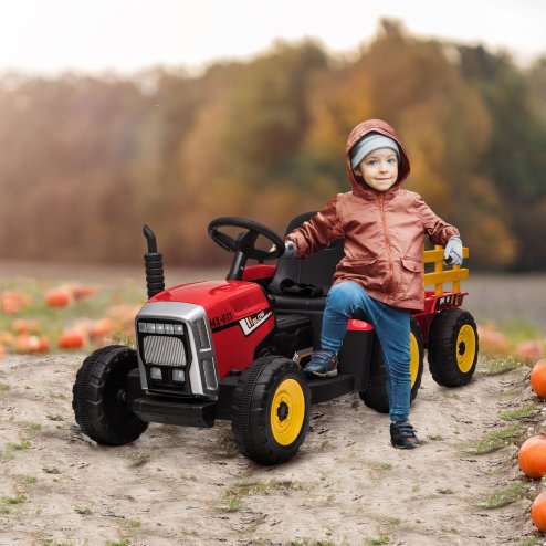 HOMCOM Electric Ride on Tractor 12V Kids Electric Car with Detachable Trailer Remote Control, Music, Horn, Lights, Start-Up Sound, for Ages 3-6 Years - Red