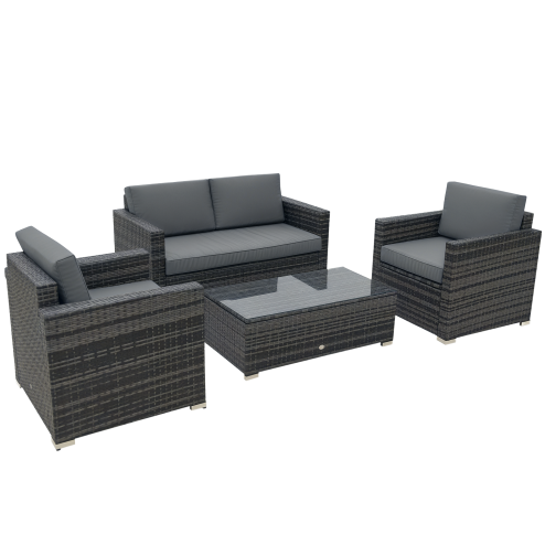 Outsunny 4 Pieces Outdoor PE Rattan Sofa Set with Cushions, Patio Wicker Conversation Furniture Set with Glass Top Coffee Table, Mixed Grey