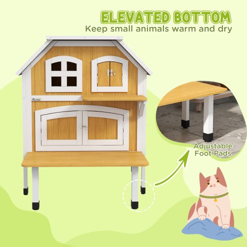 PawHut Wooden Outdoor Cat House, 2 Tiers Cat Shelter with Openable Asphalt Roof, Removable Panel, Escape Doors, Jumping Platform, Terrace, for 1-2 Cats - Yellow