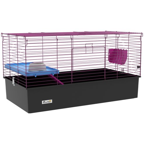 PawHut Guinea Pig Cage Chinchillas Rabbit Small Animal Cage with Ramp, Dish, Water Bottle, 99 x 52 x 53cm, Black
