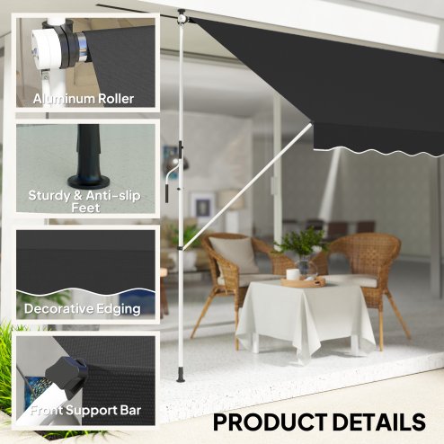 Outsunny Balcony 3 x 1.5m Manual Adjustable Awning, DIY Patio Clamp Awning Canopy, Retractable Shade Shelter Easy to Move for Balcony, Black
