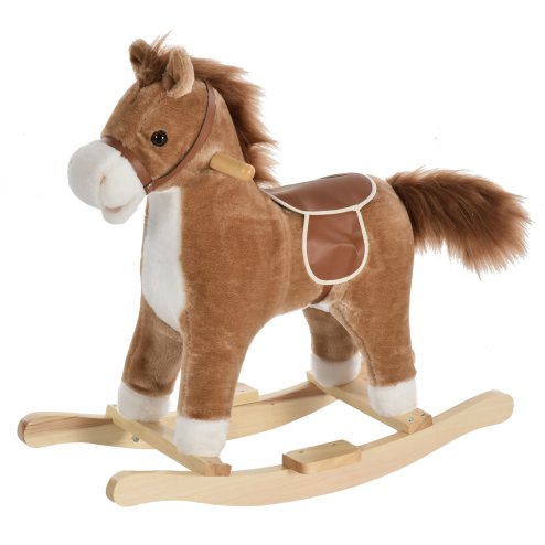 HOMCOM Kids Plush Rocking Horse w/ Sound Moving Mouth Wagging Tail Children Rocker Ride On Toy Gift 3-6 Years Brown Image