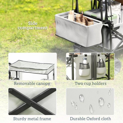 Outsunny 120L Festival Trolley on Wheels, Folding Camping Trolley Cart with Removable Canopy, All-Terrain Wheels, Adjustable Handle and Side Pockets for Garden Beach Fishing Shopping, Grey