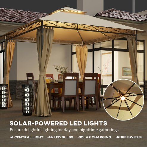 Outsunny 3 x 3 m Garden Gazebo, Double Roof Metal Gazebo with Curtains and Solar-Powered LED Lights, Outdoor Canopy Shelter for Patio, Deck, Beige