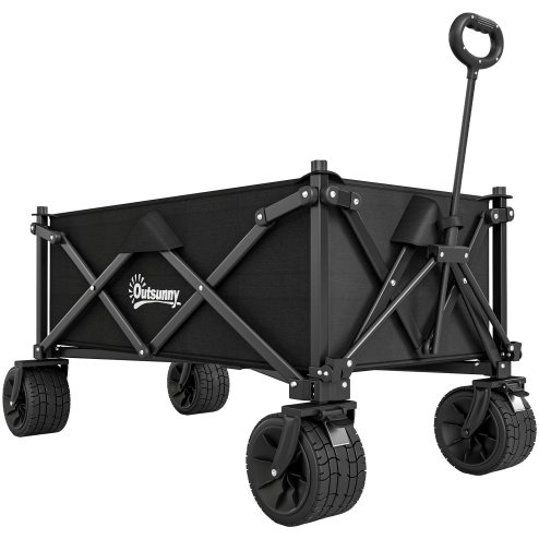 Outsunny 110L Festival Trolley on Wheels, Folding Camping Trolley Cart with Telescopic Handle, Carry Bag and All-Terrain Big Wheels, for Garden, Beach, Fishing, Black