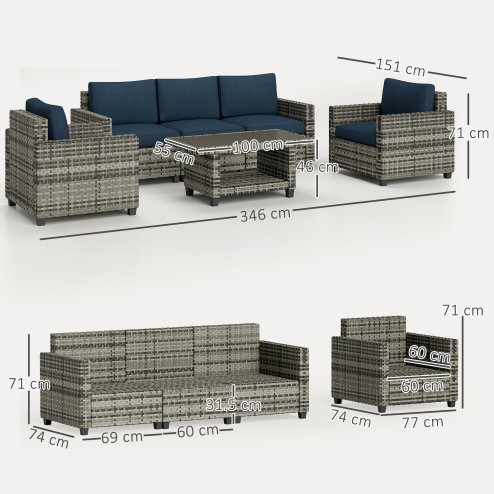 Outsunny 6 Pieces Rattan Garden Furniture Set, 5 Seater Wicker Outdoor Furniture Set with 2 Armchairs, Steel Frame Coffee Table and Cushions for Balcony, Porch, Navy Blue