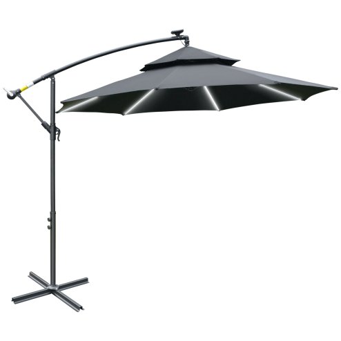 Outsunny 3(m) Cantilever Banana Parasol Hanging Umbrella with Double Roof, LED Solar lights, Crank, 8 Sturdy Ribs and Cross Base for Outdoor, Garden, Patio, Black