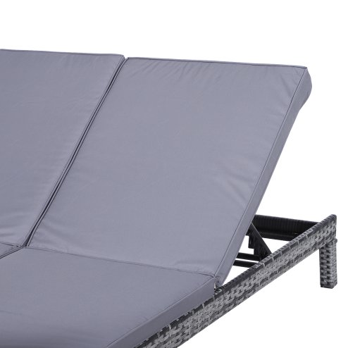 Outsunny Double Rattan Sun Lounger, Garden Daybed with 5-Level Adjustable Backrest, Outdoor Lounge Sunbed with Cushion and Pillows, 2 Seater Wicker Patio Furniture, Grey