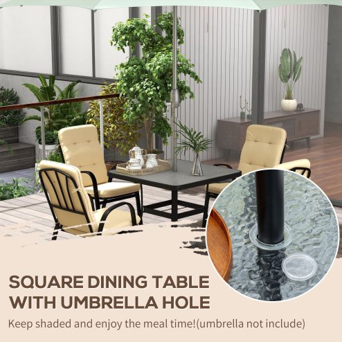 Outsunny 5 Pieces Garden Dining Set, Outdoor Square Dining Table and 4 Cushioned Armchairs, Tempered Glass Top Table w/ Umbrella Hole, Texteline Seats, Beige