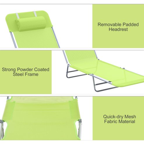 Outsunny Outdoor Foldable Sun Lounger, Adjustable Backrest Garden Recliner Sun Lounger Chair with Headrest Pillow, Green