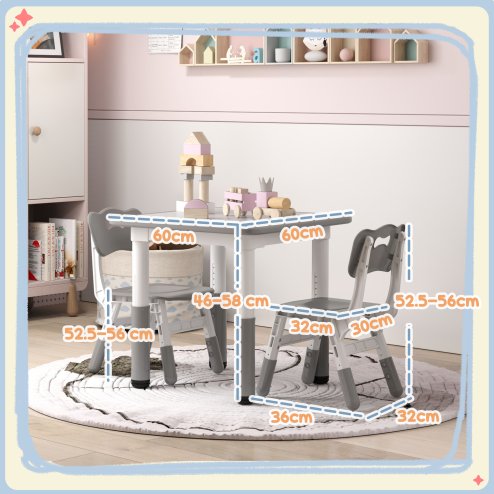 AIYAPLAY Kids Table and Chair Set, 3 Pcs Height Adjustable Activity Table Set with 2 Chairs, Easy to Wipe Arts & Crafts Table, for Classrooms, Daycares, Homes - Grey