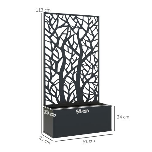 Outsunny Metal Garden Bed with Trellis, Wall Mounted or Freestanding Raised Planter with Privacy Panel, Two Big Trees Cut-out Privacy Screen with Planter Box for Climbing Plants, Flowers, Vegetables