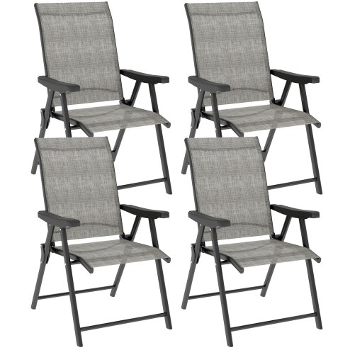 Outsunny Set of 4 Folding Chair, Garden Chair Set with Breathable Mesh Back and Seat, Outdoor Camping Chairs with Armrests, Steel Frame for Deck Balcony, Black and Grey