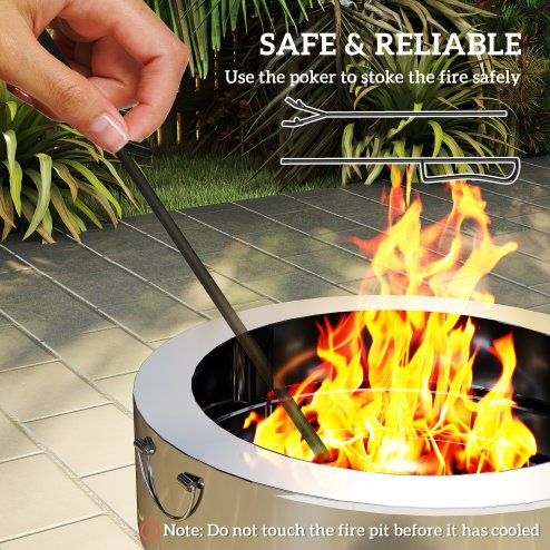 Outsunny Outdoor Round Fire Pit with Grill Net, Portable Wood Burning Firepit with Poker and Foldable Legs, Stainless Steel for Patio Bonfire BBQ Camping, Silver