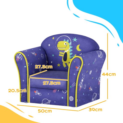 AIYAPLAY Kids Sofa Chair, Toddler Armchair with Planet and Dinosaur Design, Wooden Frame, Upholstered Toddler Chair for Bedroom, Playroom, Kids Room - Blue