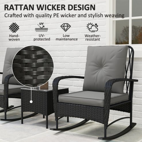 Outsunny 3 Pieces Rattan Bistro Set, Wicker Garden Furniture Set with Cushions, Glass Top Coffee Table and Rocking Chairs, Small Balcony Furniture for Outdoor, Porch, Black