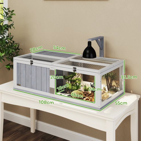 PawHut Tortoise House with Lamp Holder, Wooden Tortoise Enclosure with Clear Observation Windows, Openable Tops, Built-in Tray, Two-Room Turtle Table for Indoor Use, Light Grey