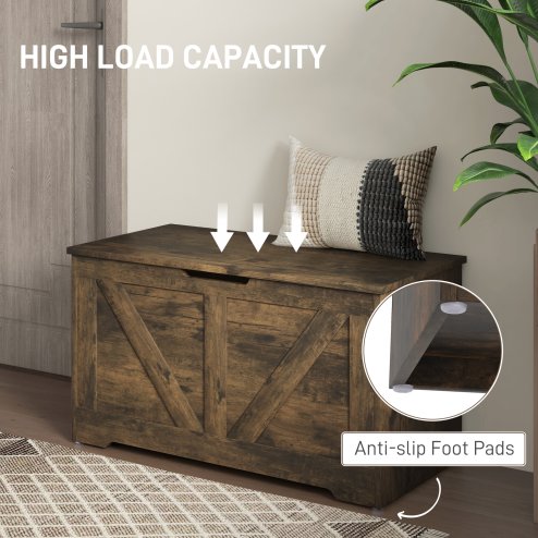 HOMCOM 100L Storage Chest, Storage Trunk with 2 Safety Hinges and U-shaped Cut-out Pull, Organiser Box for Living Room, Entryway, 80 x 40 x 45 cm, Rustic Brown