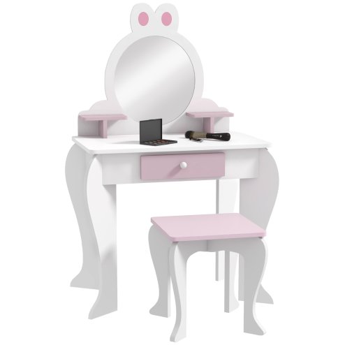 ZONEKIZ Kids Dressing Table with Mirror and Stool , Kids Vanity Table Girls Dressing Table with Drawer, Storage Shelf, Rabbit Design, for Ages 3-6 Years - White and Pink Image
