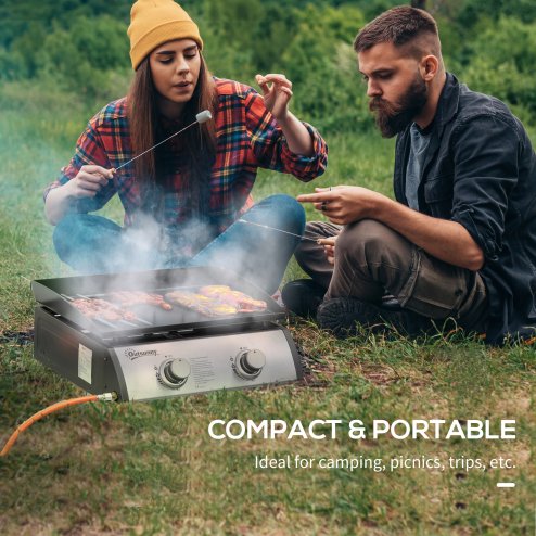 Outsunny Gas Plancha Grill with 2 Stainless Steel Burner, 10kW, Portable Tabletop Gas BBQ with Non-Stick Griddle for Camping Picnic Garden Party Festival