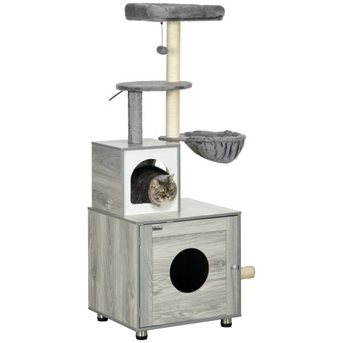 PawHut Cat Tower with Litter Box Enclosure, Cat Tree for Indoor Cats with Cat House, Scratching Post, Hammock, Grey Image