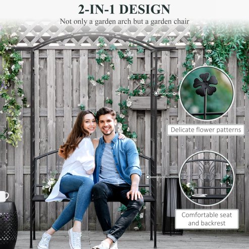 Outsunny Metal Garden Bench with Arch Arbour, Outdoor Patio Loveseat Bench Seat with Rose Trellis Pergola Climbing Plant Archway Tubular - 154L x 60W x 205Hcm
