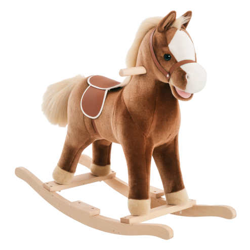 HOMCOM Kids Children Plush Rocking Horse Wooden Base Ride On Toy Rocker with Handle Grip Traditional Toy Fun Gift for Age 3+ (Brown) Image