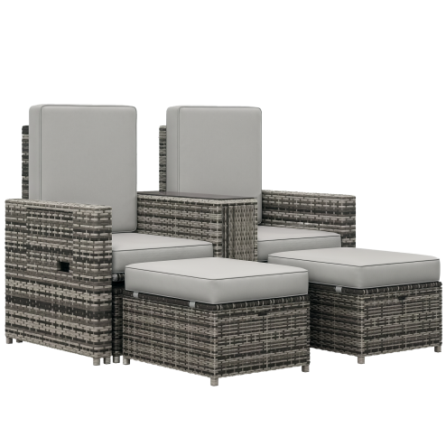 Outsunny 5PC PE Rattan Sun Lounger, Outdoor Wicker 5-level Adjustable Recliner Sofa Bed with Storage Side Table and Footstools, for Patio, Garden, Poolside, Grey