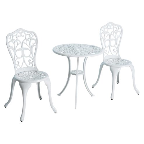 Outsunny 3 Pieces Antique Garden Bistro Set for 2, Cast Aluminium Garden Furniture Set with Umbrella Hole for Balcony, Porch, Patio, White