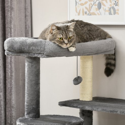 PawHut 148cm Cat Tree for Indoor Cats with Scratching Post, Cat Tower for Two Cats, with Cat House, Bed, Toy, Grey