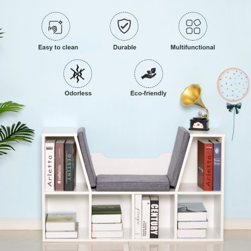 HOMCOM Bookcase Storage Shelf with Cushioned Reading Seat, Cube Bookshelf Organizer for Bedroom Living Room