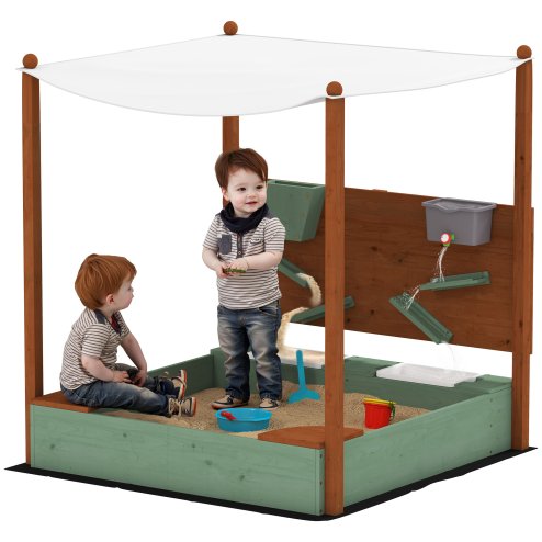 AIYAPLAY Wooden Kids Sandpit Outdoor Sandbox with Canopy with 2 Storage Bins, Funnel, Liner, Chutes, Bucket with Tap for 3-6 Years, 116 x 112.5 x 128 cm, Green