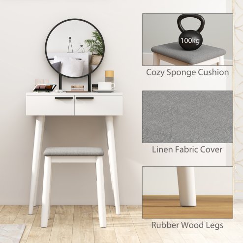 HOMCOM Dressing Table with Mirror and Stool, Vanity Makeup Desk Set with 2 Drawers, Cushioned Stool and Make-up Organiser for Bedroom and Dressing Room, 60 x 40 x 123 cm, White