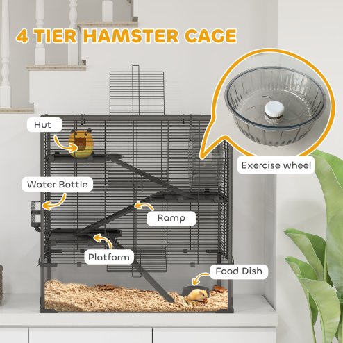 PawHut Hamster Cage with Deep Tempered Glass Bottom, 4 Tier Large Hamster Tank with Hut, Running Wheel, Platforms, Ramps, Food Dish, Water Bottle, for Syrian, Dwarf, Rats, Gerbils, 78.5 x 48.5 x 80cm