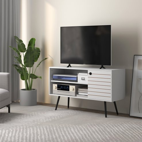 HOMCOM TV Stand Cabinet for  TVs, TV Unit with Open Shelves, Soft-close Door and Cable Holes, Entertainment Unit for Living Room