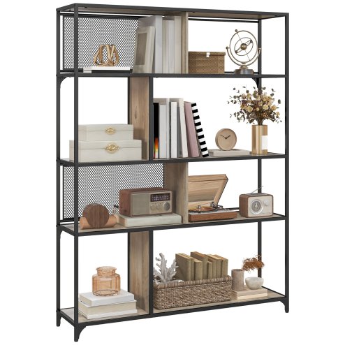 HOMCOM 5 Tier Book Shelf with Sliding Mesh Doors, Industrial Storage Shelves, Metal Shelving Unit for Living Room, Study, Bedroom, Grey Wood Grain