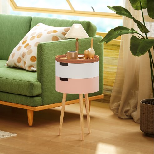HOMCOM 3-Tier Side Table, Round Living Room End Table with 2 Hidden Storage and Detachable Top Tray, Sofa Small Side Table with Wooden Legs, Multicolour Image