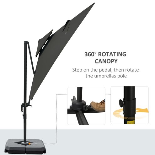 Outsunny 2.7 x 2.7(m) Cantilever Parasol with Aluminium Frame, Crank and Tilt, 360-Degree Rotation, Double Top Garden Umbrella with Base and Cover, Dark Grey