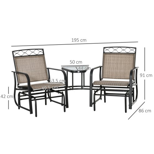 Outsunny Double Outdoor Glider Chair, 2 Seater Patio Rocking Chairs, Swing Bench with Tempered Glass Table, Breathable Mesh Fabric for Backyard, Garden, Porch, Brown