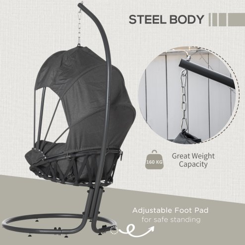 Outsunny Hanging Egg Chair with Cushion and Retractable Canopy, Swing Hammock Chair with Adjustable Metal Stand, for Indoor and Outdoor, Grey