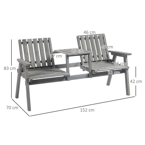 Outsunny 2-Seater Wooden Garden Bench, Antique Loveseat Chair with Table & Parasol Hole, Outdoor Bench for Porch, Patio, Grey