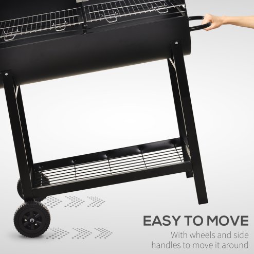 Outsunny Trolley Charcoal BBQ Barbecue Grill Cooker with 3-Level Adjustable Height Grill Nets, Patio Outdoor Garden Heating Heat Smoker with Wheels, 90 x 45 x 96 cm, Black