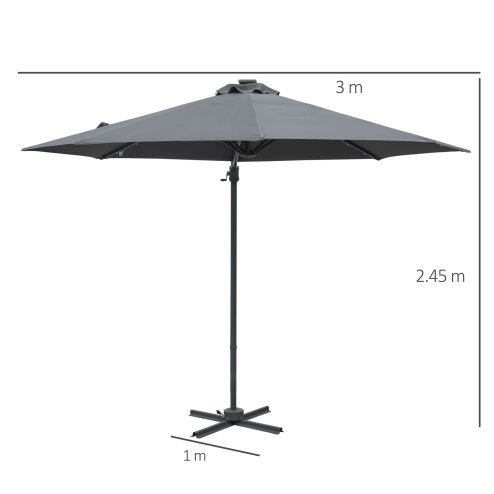 Outsunny 3(m) Cantilever Roma Parasol Patio Sun Umbrella with Crank & Tilt LED Solar Light Cross Base 360 Rotating Outdoor, Dark Grey