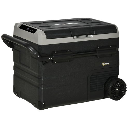 Outsunny 50L Car Refrigerator, Portable Compressor Cooler Box, Fridge Freezer w/ Inner LED Light, Foldable Handles, Cup Holders, 12/24V DC and 110-240V AC for Campervan RV Boat Travel Down to -20°C