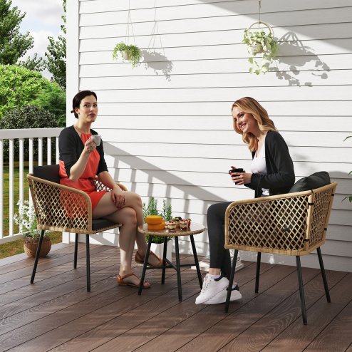 Outsunny 3 Piece Rattan Bistro Set, Patio Wicker Conversation Furniture Set with 2 Chairs, Tempered Glass Table, Cushions, Adjustable Foot Pads, for Garden, Balcony, Nature Wood Finish