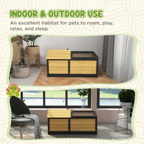 PawHut Wooden Tortoise House Tortoise Table with Hide Shelter Run, Openable Top, Tray, Yellow