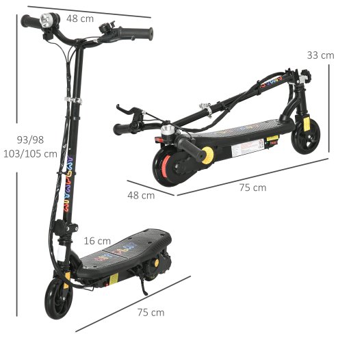 HOMCOM Folding Electric Scooter 120W E-Scooter with Three Mode LED Headlight, Warning Bell, Adjustable Height, 12km/h Maximum Speed, for Ages 7-14 Years - Black