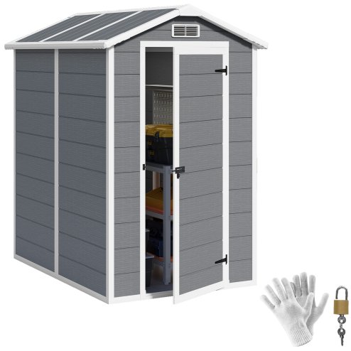 Outsunny 4 x 6ft Garden Shed, Plastic Shed with Floor, Window, Lockable Door and Vents, Resin Tool Shed for Outdoor Patio Storage, Zero Maintenance, Grey