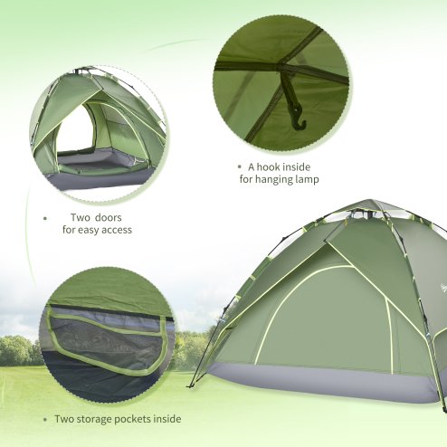 Outsunny 3 Person Camping Tent, Instant Pop Up Tent, Dome Tent with Sewn-in Groundsheet, 2 in 1 Double Layers for Camping, Hiking, Backpacking, Green