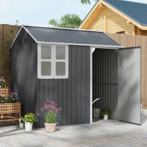 Outsunny 7 x 6 ft Garden Shed, Metal Shed with Single Door, Window and Air Vents, Galvanised Outdoor Lockable Tool Storage House, Dark Grey